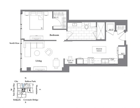 Floor plan for 1 bed, 1 bath, 808 sqft